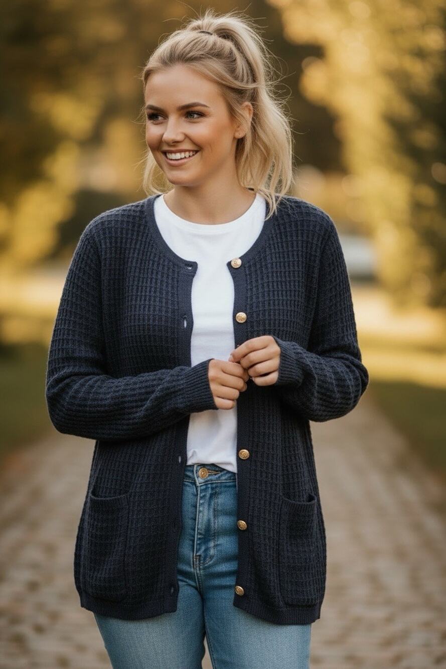 J. Jill Wearever Women Navy Blue Waffle Knit Cardigan Gold Button Front Size L